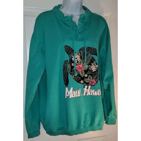 Vintage ALOHA Maui Hawaii Sea Turtle Beach  Teal Sweatshirt Graphic Floral XL - Picture 3 of 7